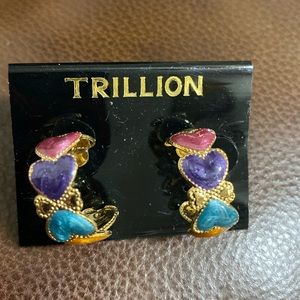 Vintage Trillion Enamel Heart Small Hoop Post Earrings Multicolor with Goldtone